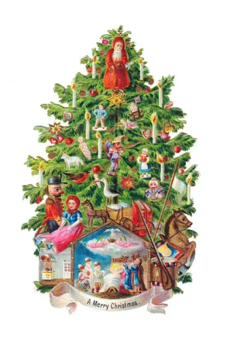 Framed Print : Decorated Christmas tree on a Victorian scrap Framed Print : Decorated Christmas tree on a Victorian scrap