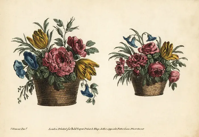 Framed Print : Two decorative baskets of tulips, roses, and other flowers Framed Print : Two decorative baskets of tulips, roses, and other flowers