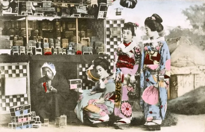 Framed Print : A decorative box seller and three geisha customers - Japan Framed Print : A decorative box seller and three geisha customers - Japan