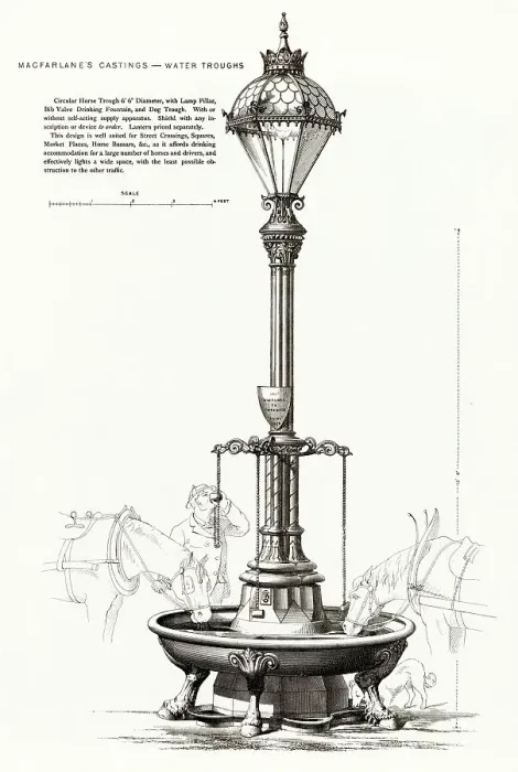 Framed Print : Decorative cast iron electric lamp pillar with drinking fountain for horses, driver and dogs. Date: 1906 Framed Print : Decorative cast iron electric lamp pillar with drinking fountain for horses, driver and dogs. Date: 1906