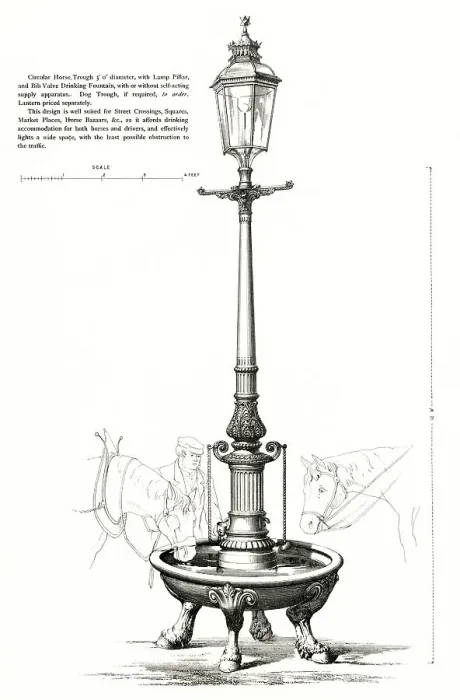 Framed Print : Decorative cast iron electric lamp pillar with drinking fountain for horses and driver, dog trough optional. Date: 1906 Framed Print : Decorative cast iron electric lamp pillar with drinking fountain for horses and driver, dog trough optional. Date: 1906
