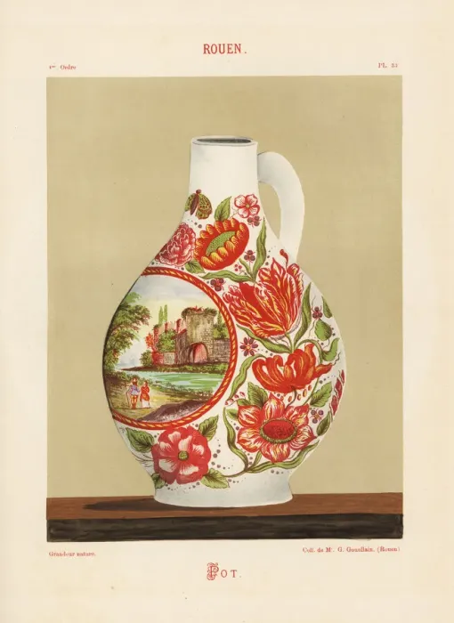 Framed Print : Decorative pot from Rouen with landscape vignette Framed Print : Decorative pot from Rouen with landscape vignette