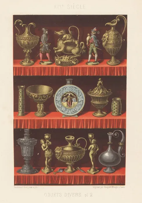 Framed Print : Decorative Renaissance vases, statuettes, 16th century Framed Print : Decorative Renaissance vases, statuettes, 16th century