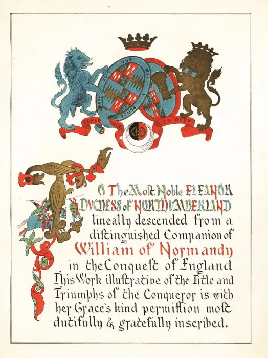 Framed Print : Dedication page with illuminated inscription, initial and coat o Framed Print : Dedication page with illuminated inscription, initial and coat o