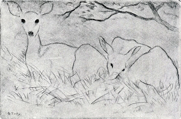 Two Deer. A simple but effective dry point of two deer, only one of them looking alert