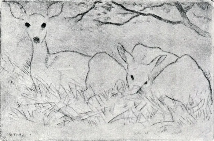 Framed Print : Two Deer. A simple but effective dry point of two deer, only one of them looking alert Framed Print : Two Deer. A simple but effective dry point of two deer, only one of them looking alert