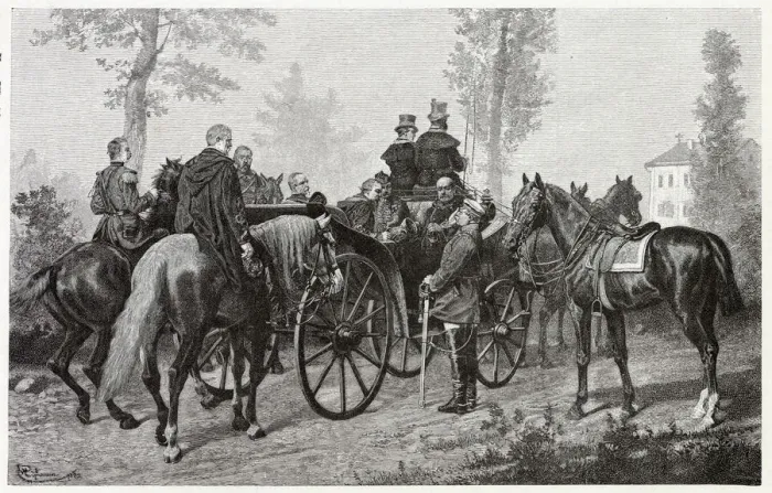 Framed Print : After the defeat of the French army at Sedan, Napoleon III is greeted by Bismarck Framed Print : After the defeat of the French army at Sedan, Napoleon III is greeted by Bismarck