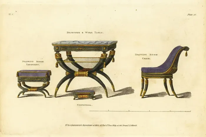 Framed Print : Dejeuner and work table, drawing room tabouret, chair and footst Framed Print : Dejeuner and work table, drawing room tabouret, chair and footst