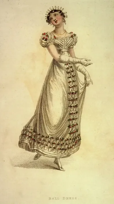 Framed Print : A delightful, white gown with short, full sleeves. The decoration consists of red roses on the sleeves, hemline & in a panel down the front of the skirt. Note the hair comb. Date: 1823 Framed Print : A delightful, white gown with short, full sleeves. The decoration consists of red roses on the sleeves, hemline & in a panel down the front of the skirt. Note the hair comb. Date: 1823