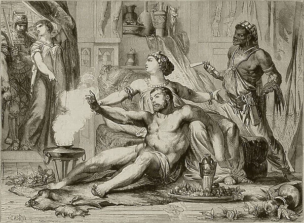 Delilah has Samson's hair cut whilst he sleeps, and so robs him of his strength and delivers him into the hands of the Philistines