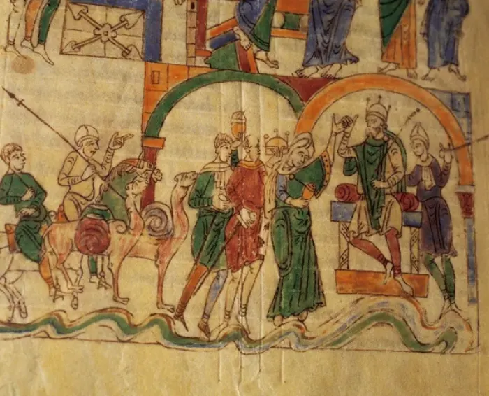 Framed Print : Delivery of gifts to a king. Detail of a miniature of the Bi Framed Print : Delivery of gifts to a king. Detail of a miniature of the Bi