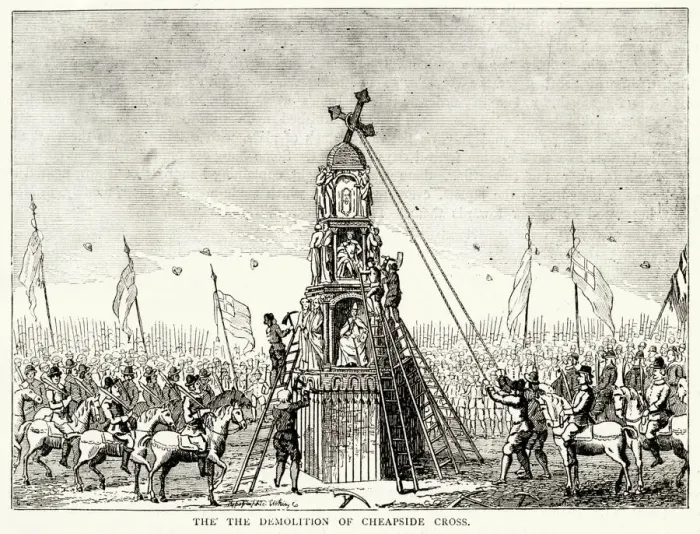Framed Print : Demolition of Cheapside Cross, destroyed by Parliamentarians during the Civil War Framed Print : Demolition of Cheapside Cross, destroyed by Parliamentarians during the Civil War