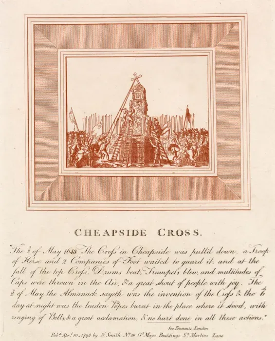Framed Print : Demolition of Cheapside Cross, destroyed by Parliamentarians during the Civil War Framed Print : Demolition of Cheapside Cross, destroyed by Parliamentarians during the Civil War