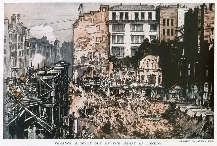 Framed Print : Demolition works underway on a site in Oxford Street, London. The old building was being torn down to make way for a new department store. Date: 1920 Framed Print : Demolition works underway on a site in Oxford Street, London. The old building was being torn down to make way for a new department store. Date: 1920
