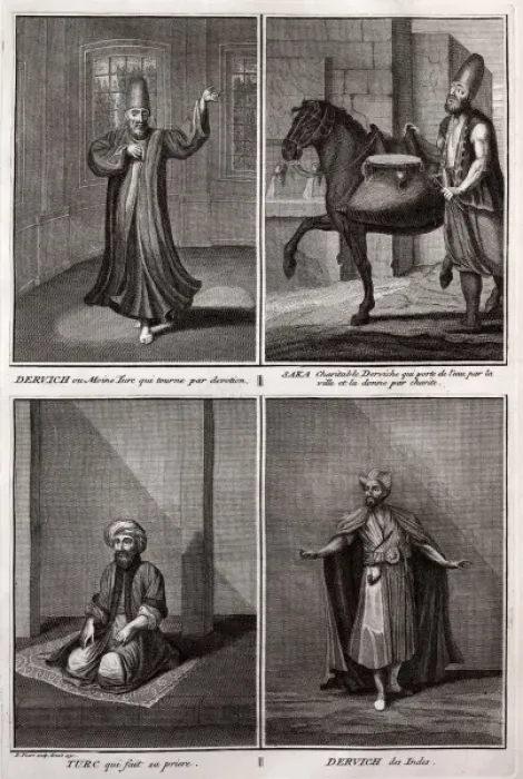 Framed Print : Three depictions of Dervishes and one of a Turk at prayer Framed Print : Three depictions of Dervishes and one of a Turk at prayer