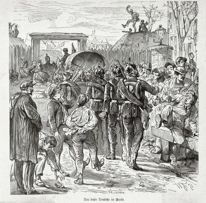 Framed Print : Der lezte Deutsche in Paris the Prussians leave the city, derided by the inhabitants : little knowing they'll be back 70 years later - and next time they'll stay longer.. Date: 3 March 1871 Framed Print : Der lezte Deutsche in Paris the Prussians leave the city, derided by the inhabitants : little knowing they'll be back 70 years later - and next time they'll stay longer.. Date: 3 March 1871