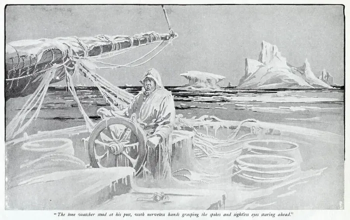 Framed Print : This derelict sailing vessel was found by the sealer Ariebis ; the captain, lashed to the helm, had frozen to death Date: 1905 Framed Print : This derelict sailing vessel was found by the sealer Ariebis ; the captain, lashed to the helm, had frozen to death Date: 1905