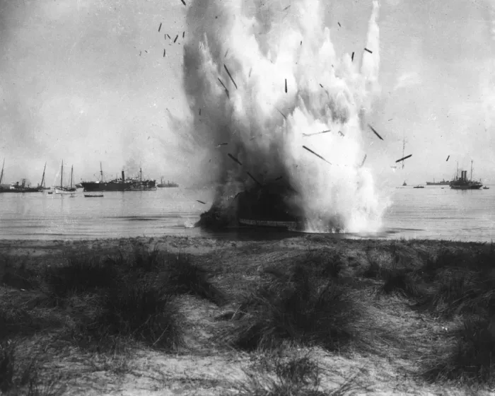 Framed Print : Derelict ship being blown up, WW1 Framed Print : Derelict ship being blown up, WW1