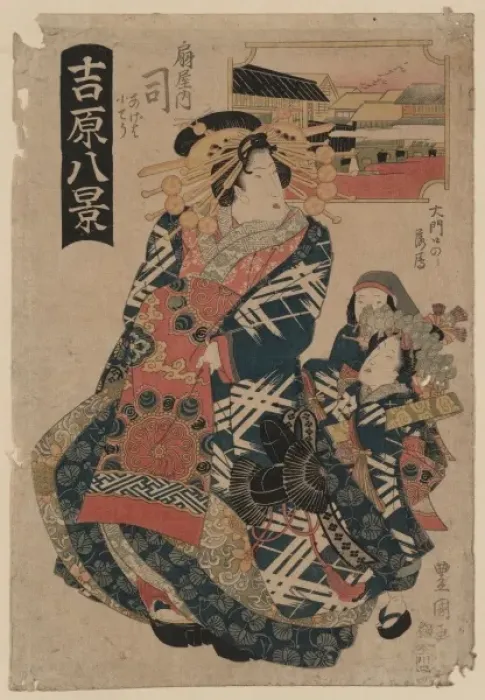 Framed Print : Descending geese at omon Gate, the courtesan Tsukasa of ogi- Framed Print : Descending geese at omon Gate, the courtesan Tsukasa of ogi-