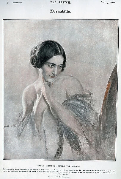 Deshabille, illustration of woman in front of mirror