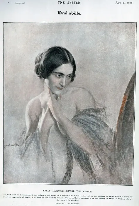 Framed Print : Deshabille, illustration of woman in front of mirror Framed Print : Deshabille, illustration of woman in front of mirror