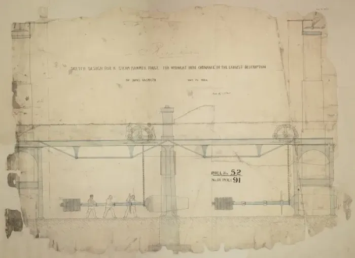 Framed Print : Design for a steam hammer forge for wrought iron ordnance Framed Print : Design for a steam hammer forge for wrought iron ordnance