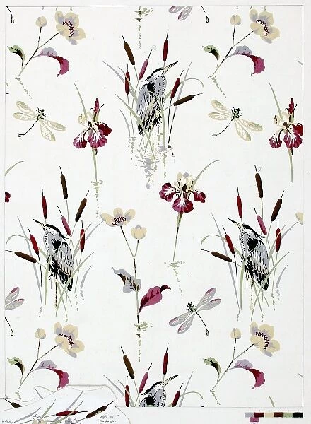 Design for textile with flowers, birds and insects