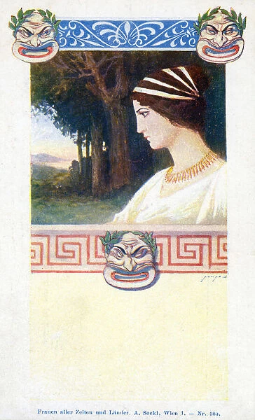 Design with theatre masks and woman in profile Date: early 20th century