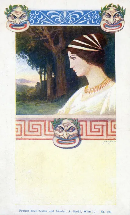 Framed Print : Design with theatre masks and woman in profile Date: early 20th century Framed Print : Design with theatre masks and woman in profile Date: early 20th century