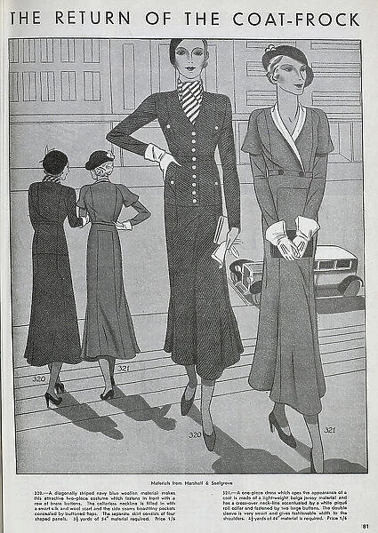 Designs for women's coat-frocks. The patterns were available to order for home dressmakers. Date: 1932