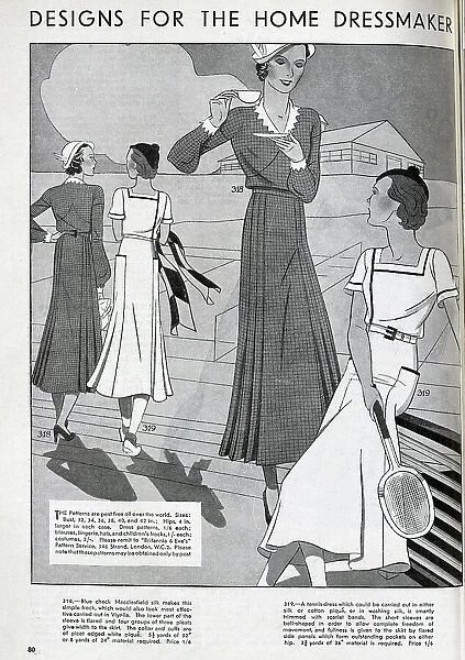 Designs for women's dresses. The patterns were available to order for home dressmakers. Date: 1932