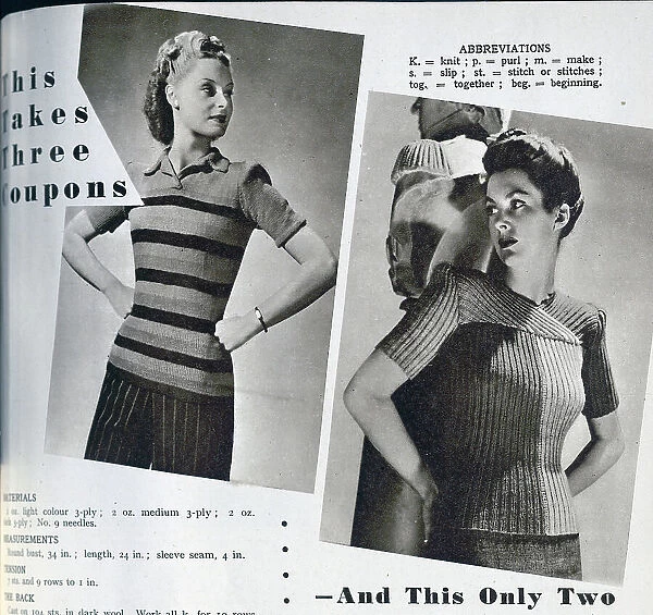 Designs for women's knitwear, published with instructions on how to make the garments at home. Date: 1943