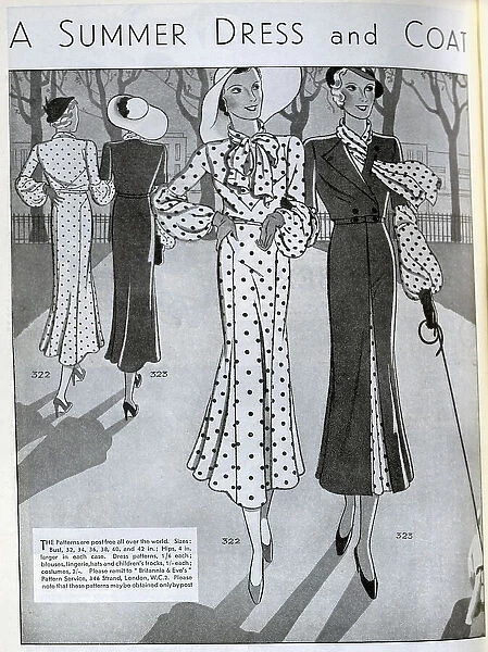 Designs for women's summer dresses. The patterns were available to order for home dressmakers. Date: 1932