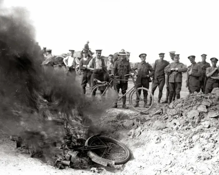 Framed Print : Despatch riders bike on fire, Western Front, WW1 Framed Print : Despatch riders bike on fire, Western Front, WW1