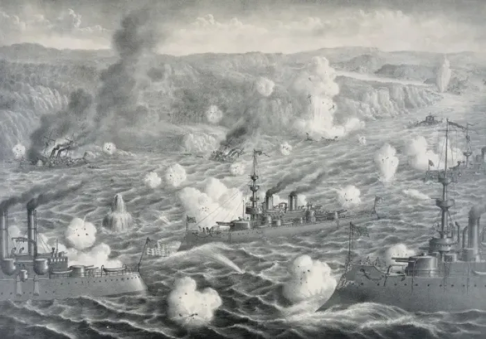 Framed Print : Destruction of Adml. Cerveras Spanish fleet off Santiago de Framed Print : Destruction of Adml. Cerveras Spanish fleet off Santiago de
