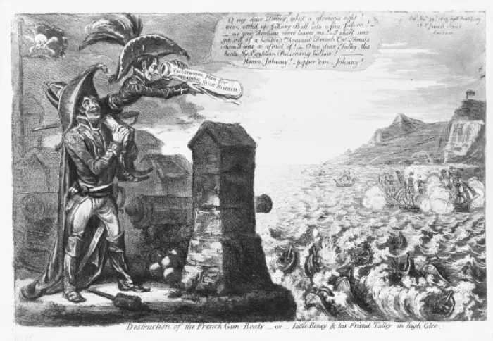Framed Print : Destruction of the French gun-boats-or-Little Boney & his fr Framed Print : Destruction of the French gun-boats-or-Little Boney & his fr