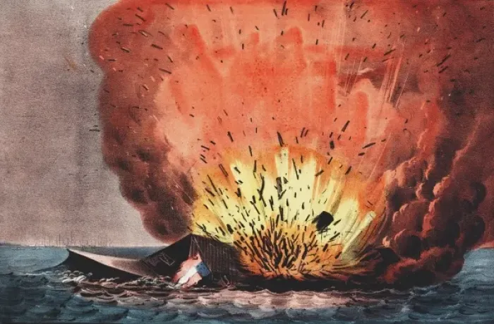 Framed Print : Destruction of the rebel monster Merrimac off Craney Island Framed Print : Destruction of the rebel monster Merrimac off Craney Island
