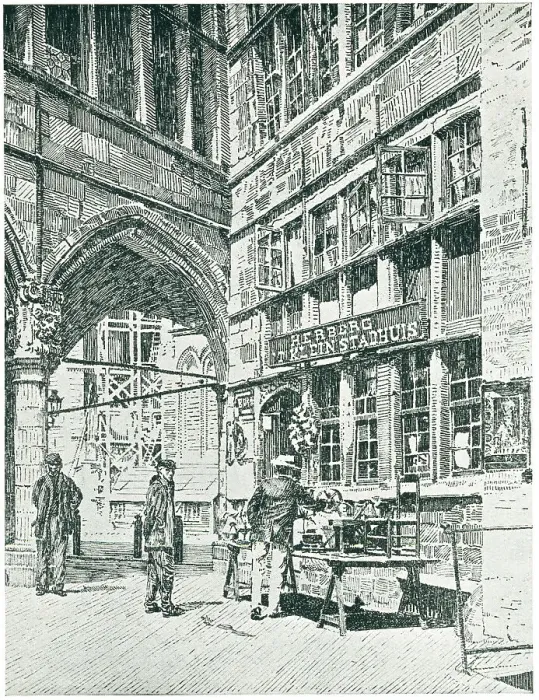 Framed Print : Ypres. A detailed etching or engraving of some people at a stall placed Framed Print : Ypres. A detailed etching or engraving of some people at a stall placed