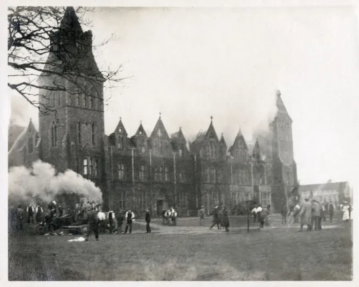 Framed Print : A devastating fire at a British Public School for Boys, which appears to have gutted Framed Print : A devastating fire at a British Public School for Boys, which appears to have gutted