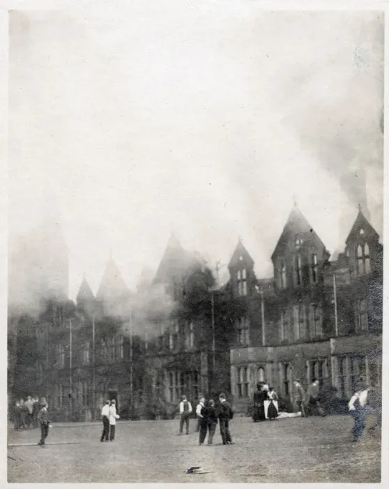 Framed Print : A devastating fire at a British Public School for Boys, which appears to have gutted Framed Print : A devastating fire at a British Public School for Boys, which appears to have gutted