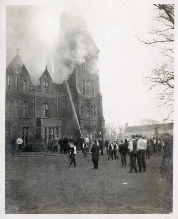 Framed Print : A devastating fire at a British Public School for Boys, which appears to have gutted Framed Print : A devastating fire at a British Public School for Boys, which appears to have gutted