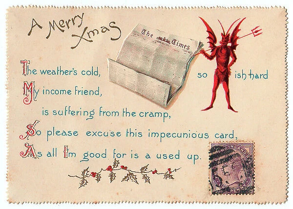 Devil with comic verse on a Christmas card