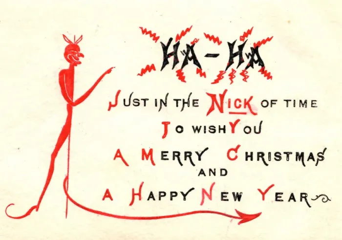 Framed Print : Devil with comic verse on a Christmas and New Year card Framed Print : Devil with comic verse on a Christmas and New Year card