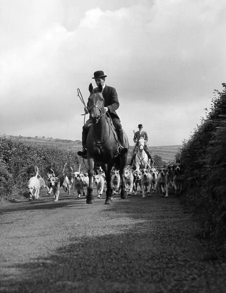 Devon and Somerset staghounds on a country lane