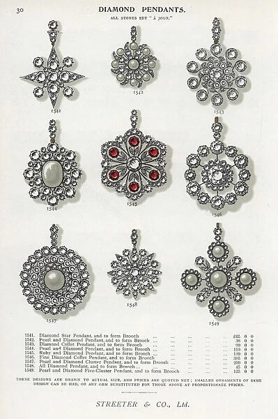 Diamond pendants and brooches with pearl and ruby