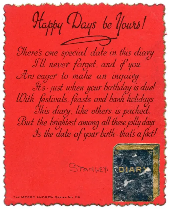Framed Print : Diary with comic verse on a birthday card Framed Print : Diary with comic verse on a birthday card
