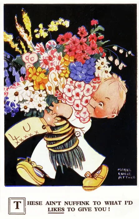 Framed Print : Diddums with bouquet of flowers, by Mabel Lucie Attwell Framed Print : Diddums with bouquet of flowers, by Mabel Lucie Attwell