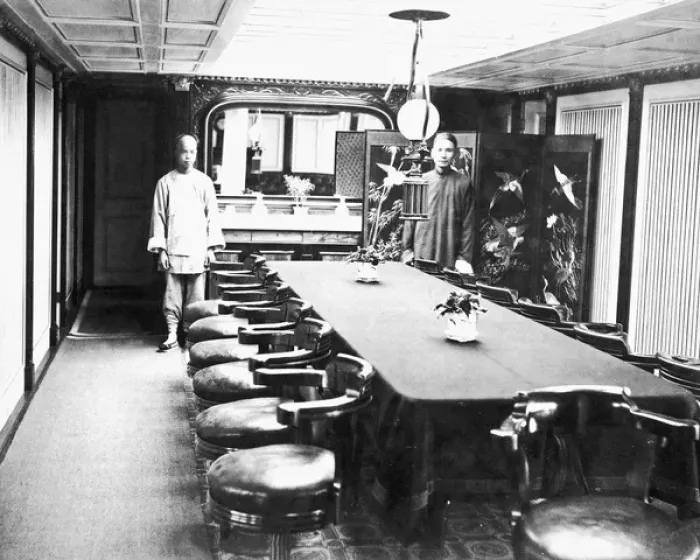 Framed Print : Dining room with two waiters, China Framed Print : Dining room with two waiters, China