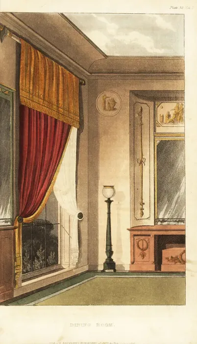 Framed Print : Dining-room window curtain and sideboard in the classical style Framed Print : Dining-room window curtain and sideboard in the classical style