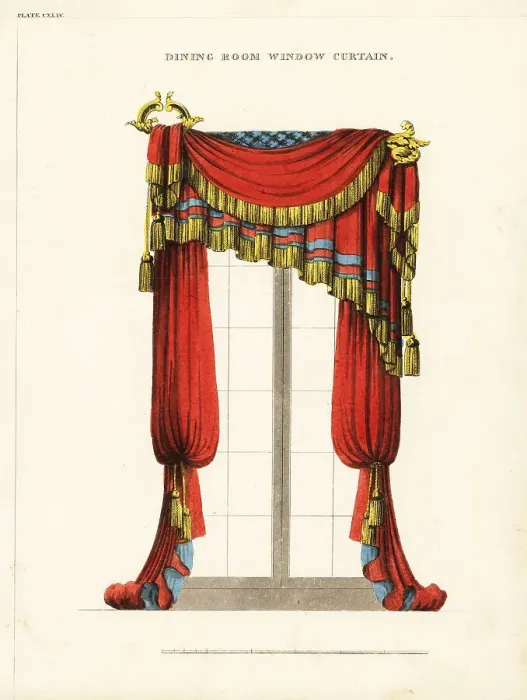 Framed Print : Dining room window curtains, Regency style Framed Print : Dining room window curtains, Regency style